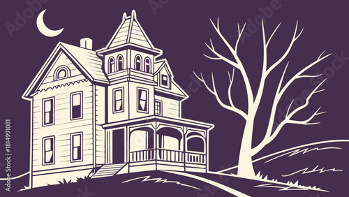 Spooky Victorian house under moonlight with bare tree.