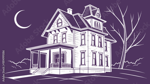 Spooky Victorian house under the crescent moon at night.