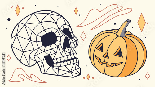 Halloween themed illustration with geometric skull and pumpkin design.