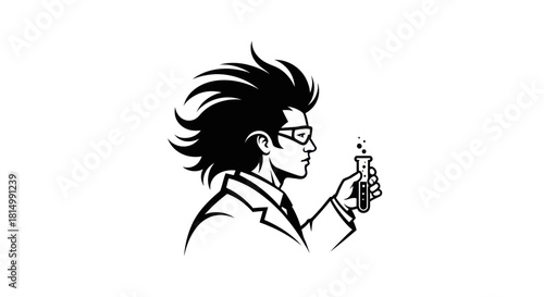 Scientist with Wild Hair Holding Test Tube in Lab.