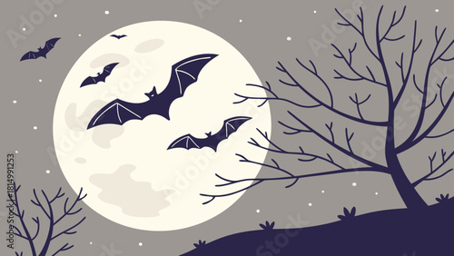 Halloween night scene with bats flying around full moon.