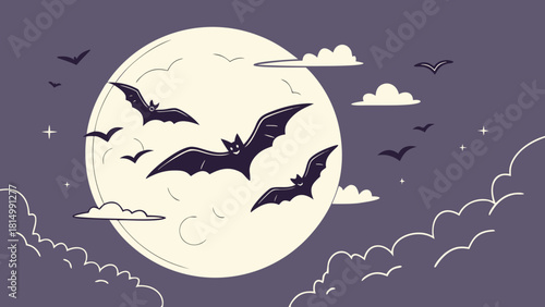 Bats flying around a full moon in a dark sky.