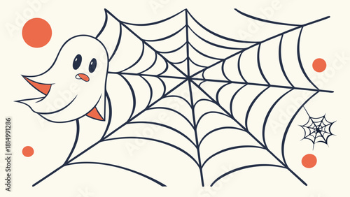 A cartoon ghost trapped in a spider web for Halloween.