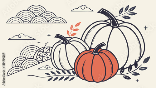 Illustration of three pumpkins in a field with autumnal elements.