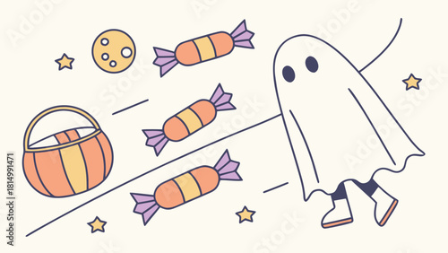 A cartoon ghost trick-or-treating with candy and a basket.