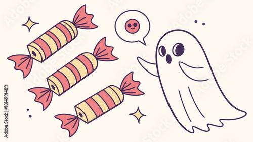 Cute ghost character with candy illustration for Halloween.