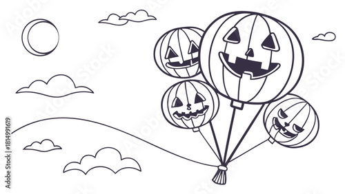 Halloween pumpkins with scary faces floating in the sky.