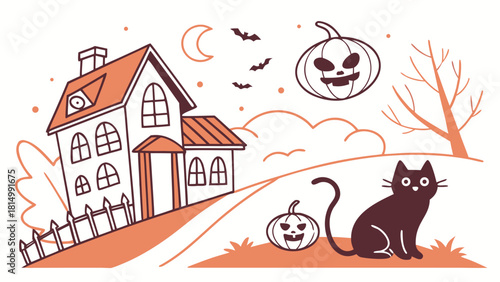 Halloween house with a black cat and pumpkins in a spooky setting.
