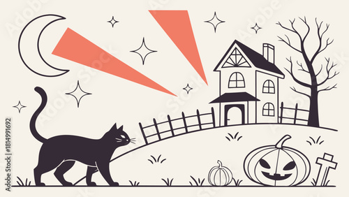 Halloween night scene with haunted house and black cat.