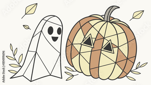 Geometric Halloween illustration of a ghost and pumpkin.
