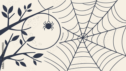 Black spider hanging from a web on a branch with leaves.