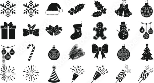 Black silhouette icon set for Christmas and New Year, festive symbols, fireworks, ornaments, Santa hat, snowflakes, vector graphic