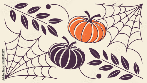 Halloween Autumn Vector Illustration with Pumpkins, Spiderwebs, and Fall Foliage. Spooky Season Design Element.