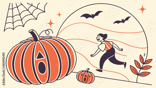 Halloween illustration with pumpkin and bats.
