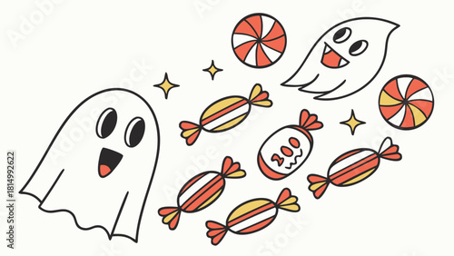 Cute Halloween Ghosts and Candies Stream Vector Illustration - Trick or Treat Fun
