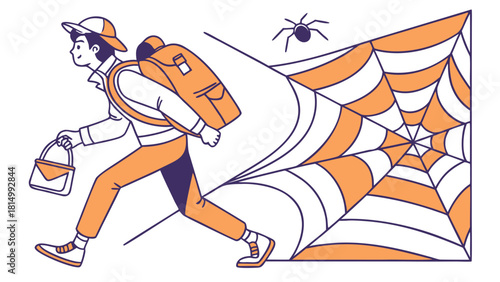 Young person with backpack walks through a giant spiderweb. Concept of overcoming challenges and traps. Minimalist illustration.