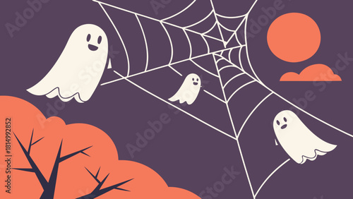 Happy Halloween Ghosts Flying on Spooky Night with Spider Web, Bare Trees & Full Moon - Flat Design Vector Illustration
