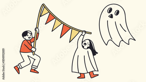 Children in ghost costumes holding a festive banner with a floating ghost, Halloween celebration illustration
