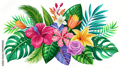 Very beautiful collection of vibrant tropical flowers and lush green leaves illustrated in watercolor, isolated on a clean white background to create fresh, elegant, and versatile elements for creativ