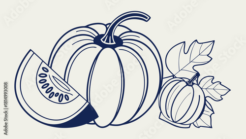 Stylized Pumpkin and Slice Line Art. Autumn Harvest Outline Drawing with Leaves.