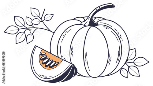 Stylized Line Art Pumpkin with Slice and Leaves. Autumn Harvest Vegetable Illustration for Thanksgiving, Halloween, Food Design