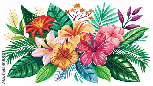 Very beautiful collection of vibrant tropical flowers and lush green leaves illustrated in watercolor, isolated on a clean white background to create fresh, elegant, and versatile elements for creativ