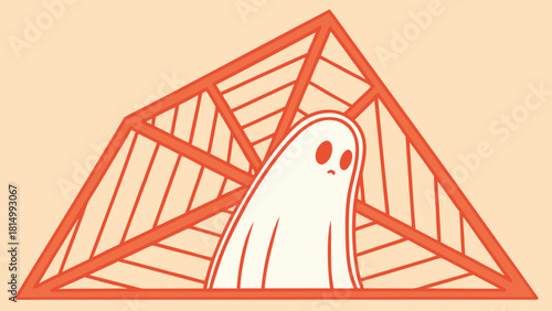 Cute Ghost Trapped in Spiderweb Within Geometric Frame - Minimalist Halloween Vector Illustration