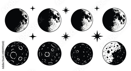 Illustrative depiction of the lunar cycle stages with celestial star details