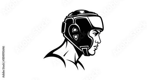 Boxer in protective headgear focused and ready for competition in the ring.