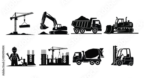 Construction equipment icons depict a variety of building and infrastructure machines