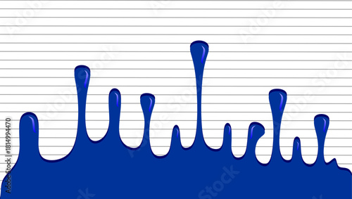 Blue dripping ink illustration. Melting ink on lined paper background. Blue paint drip on lined paper. Dripped blue ink illustration. Blue ink drips illustration.
