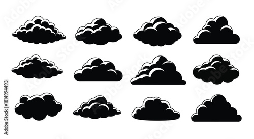 A collection of stylized black and white cloud shapes arranged in rows