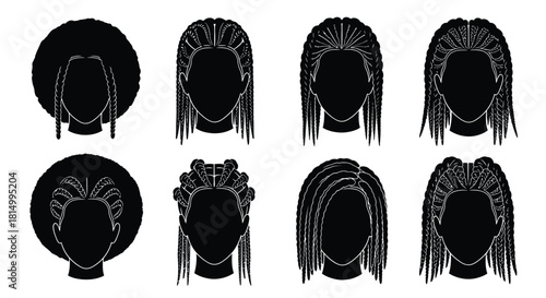 A collection of diverse afro hairstyle silhouettes in black and white