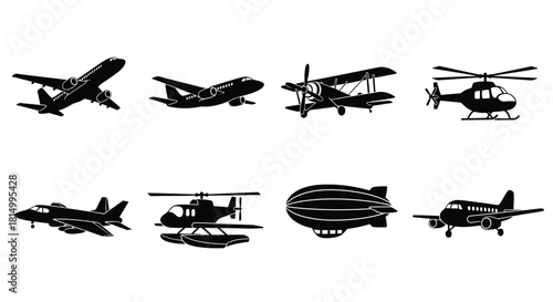 A collection of various aircraft silhouettes including planes helicopters and airships