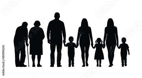 A silhouette of a multigenerational family holding hands standing together