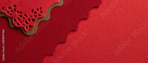 Elegant red felt background with decorative lace and gold trim for festive Chinese New Year or Valentines Day celebration Concept of love, tradition, and craftsmanship