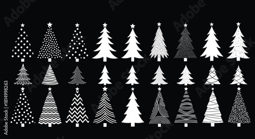 White stylized Christmas tree icons, festive holiday decoration set, abstract pine shapes, winter graphic elements, black background, vector art