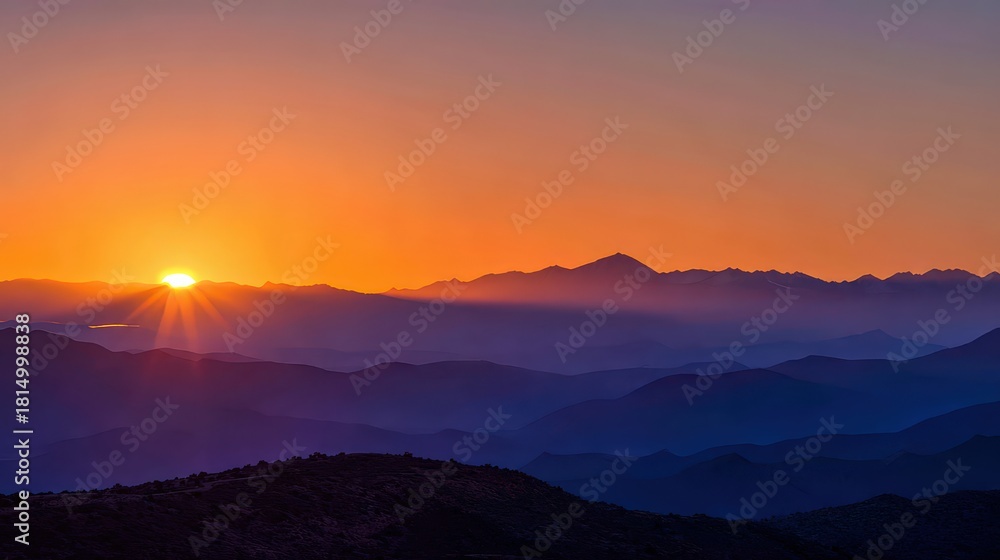 Fototapeta premium Sunset over Mountain Range with Gradient Sky Sunbeams and Hazy Atmosphere