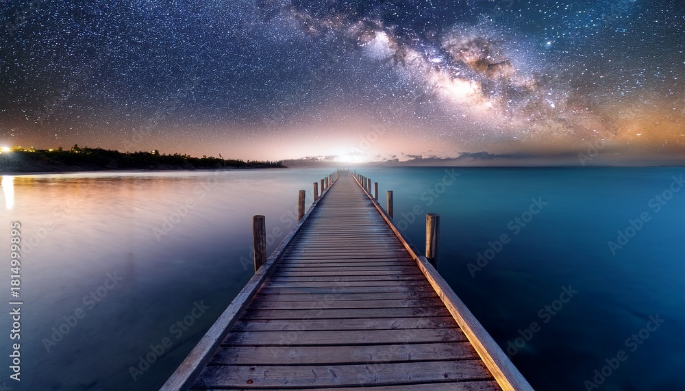 Fototapeta premium Wooden Pier Leading To A Vibrant Milky Way Galaxy At Night