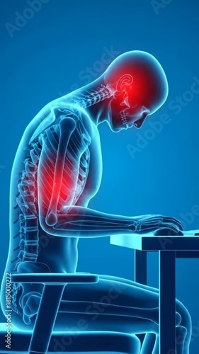 3D rendering of a human figure with poor posture at a desk, highlighting pain in the neck and upper back.