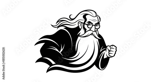 Determined Wizard with Flowing Beard and Raised Fist Illustration.