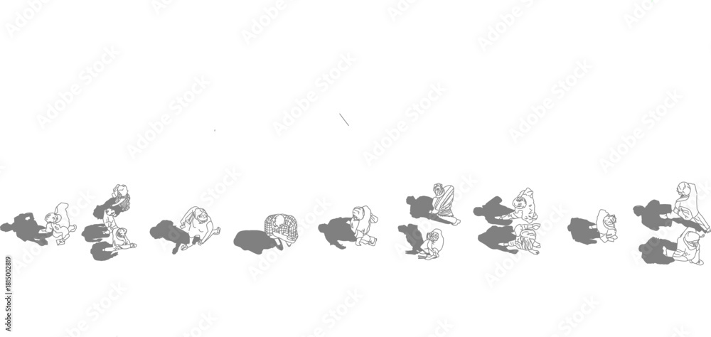 Naklejka premium A collection of top view vector people figures with gray shadows underneath, showing groups and couples, useful for realistic architectural plans.