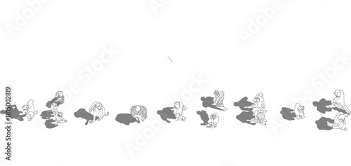 A collection of top view vector people figures with gray shadows underneath, showing groups and couples, useful for realistic architectural plans.