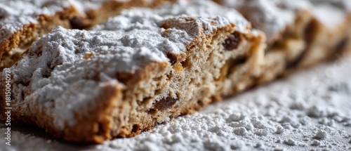 Delicious Christmas stollen cake dusted with powdered sugar, showcasing traditional holiday baking and festive dessert Concept of celebration, tradition, and indulgence