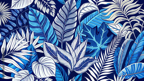 Very beautiful botanical art background featuring tropical leaves hand-drawn in white and blue line style, creating an elegant and luxurious design suitable for decoration, prints, wallpaper, textiles