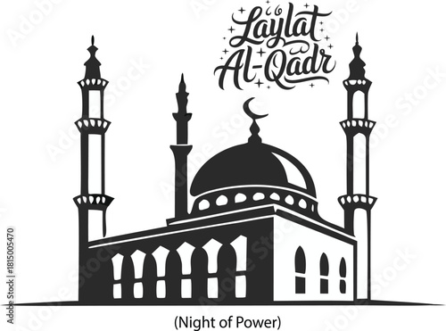 Laylat al-Qadr (Night of Power) Holi night for Muslim Ramadan 27 rajab design template playful typography with mosque silhouette 