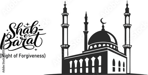 Shab-e-Barat (Night of Forgiveness) On 15th Sha’ban. Before Ramadan design template playful typography with mosque silhouette 