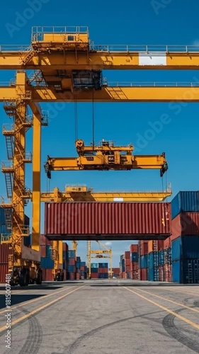 A large yellow gantry crane lifting a red shipping container at a busy industrial port under a clear blue sky.
