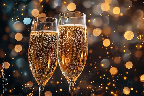 Close-up of two champagne flutes with bokeh lights Image