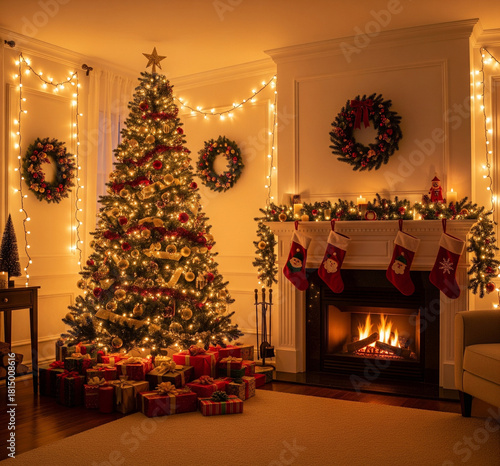 Intérieur d'une maison décorée pour Noël avec un sapin et une cheminée